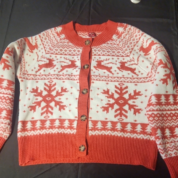 Festive Red and White Women's Cardigan Sweater - Picture 2 of 3